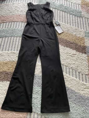 Adrianna Papell Black Lace Bodice Flare Jumpsuit